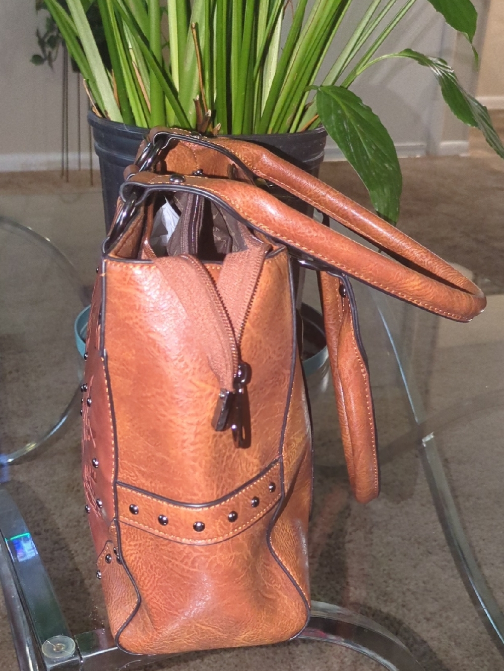 🔥FINAL🔥Lavawa Brown Embossed Floral Tote Bag with Stud Accents - Picture 3 of 8